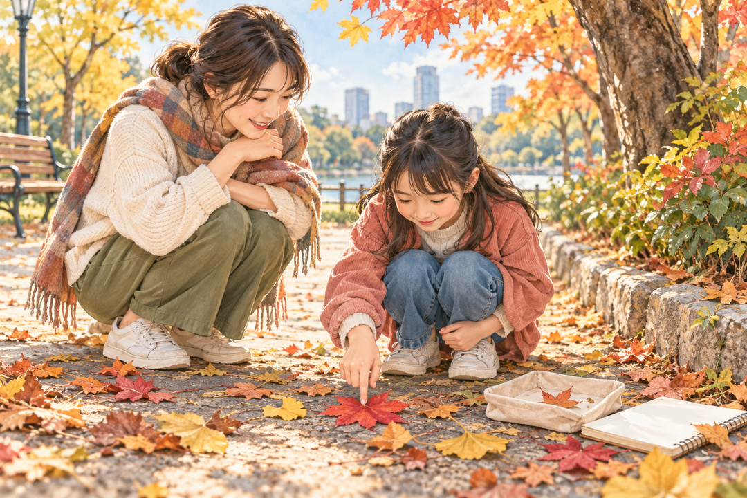 親子が秋の公園で地面の落ち葉を観察する創作イラスト
