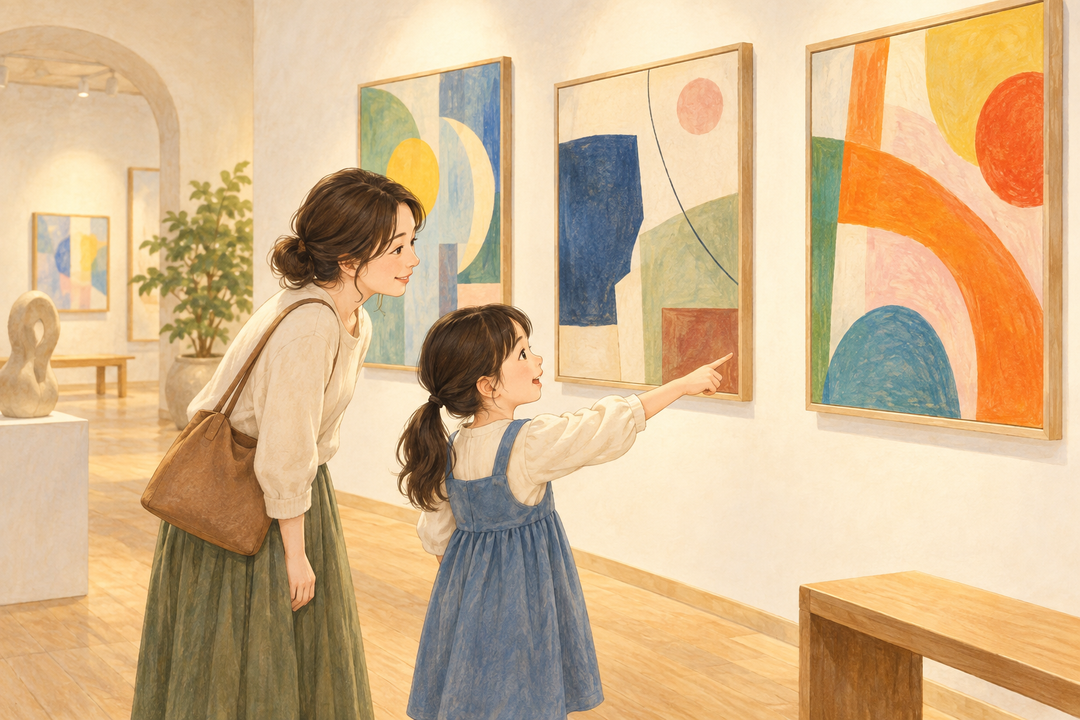 架空の美術館でオリジナルの抽象画を鑑賞する親子の創作イラスト